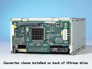 Paralan's Models MH19 LVD to HVD SCSI Converter lets you add the HP Ultrium Drive to an existing High Voltage Differential (HVD) SCSI bus. This is accomplished without any impact on SCSI protocol or loss of HVD data thruput. Click on photo for installation instructions.